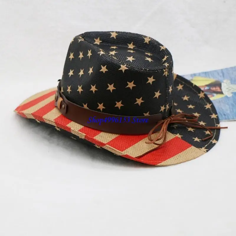 

Q0KE Винтажная шляпа с рисунком американского флага в стиле граффити для женщин и мужчин, жесткая ковбойская повседневная шляпа