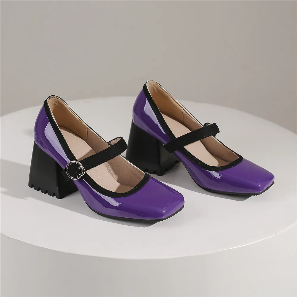 MILI-MIYA New Arrival Women Patent Leather Pumps Buckle Strap Square Toe Thick Heels Solid Color Plus Size 34-44 Dress Party