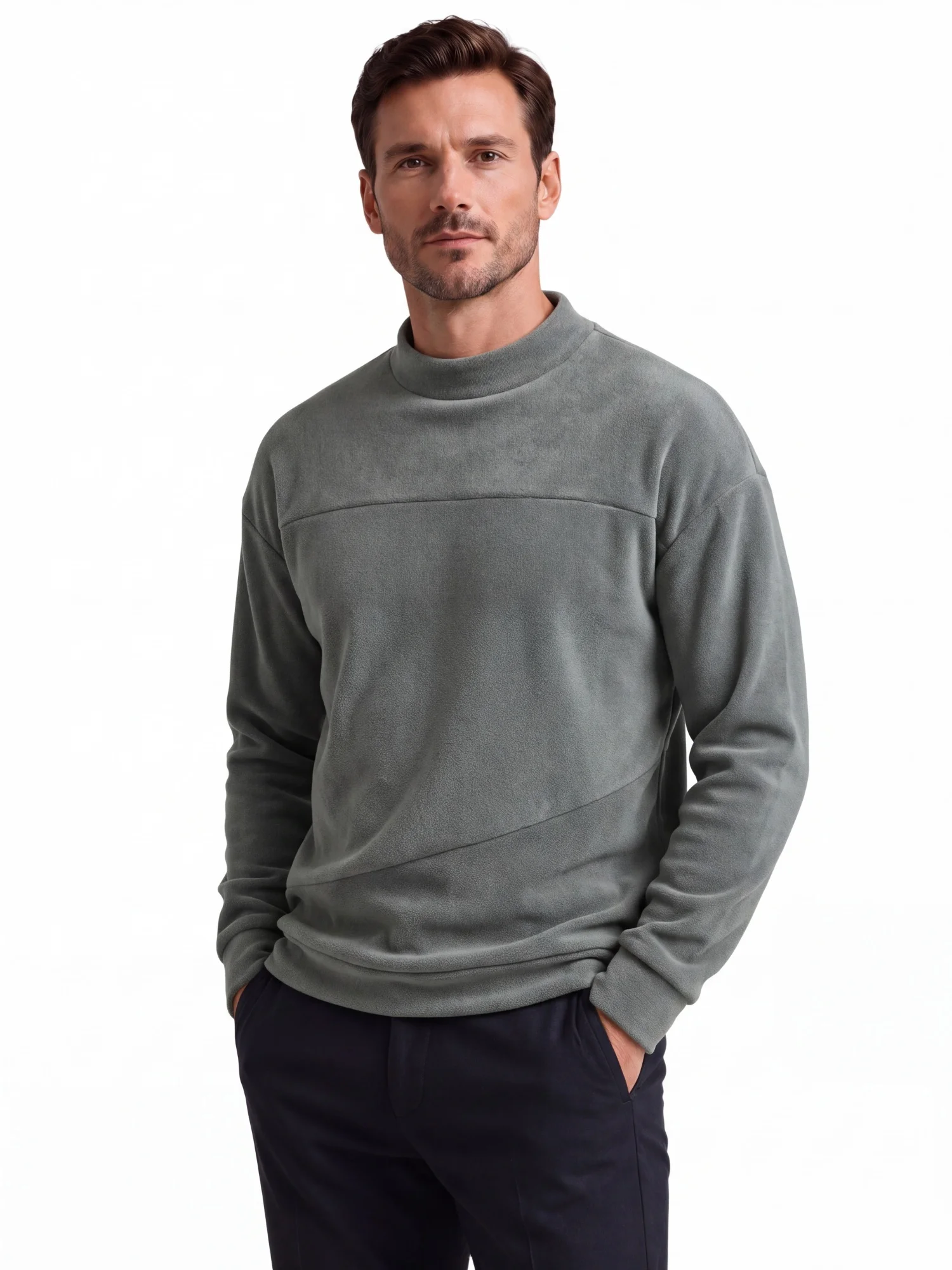 AIOPESON Herren Pullover Sweatshirt mit Stehkragen, Einfarbig, Einzeltasche, Herbst Winter Casual Warm Locker Geschnitten Langarm Oberbekleidung – Detail 5