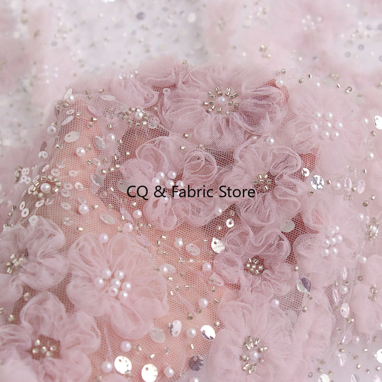 

Beautiful Fantasy Pink Purple Bead Embroidery Mesh Lace Fabric for Wedding Evening Dress Designer Customized Fabric