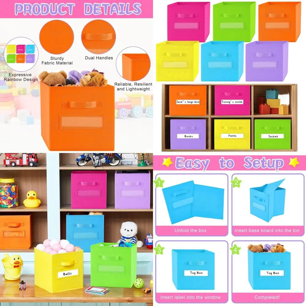 

11 Inch Fabric Storage Cubes - Durable, Colorful Cube Bins with Label Window for Kids' Clothes, Toys, Books Organization