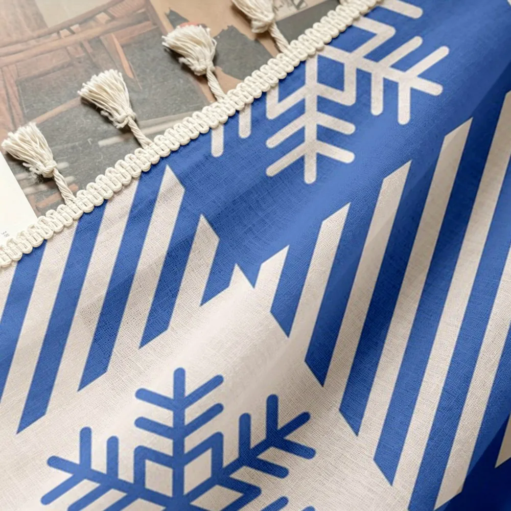 1PC Christmas Tassel Sheer Curtains, Blue White Plaid Snowflake, Digital Print, Linen Polyester, Bedroom Living Room Home Decor