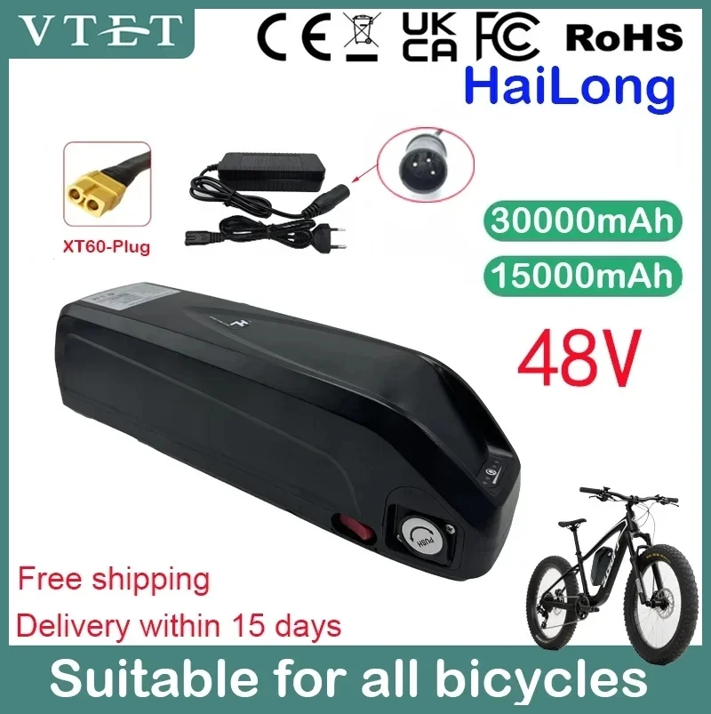 

NEW 2025 48V 15AH/30Ah Hailong Battery with BMS Suitable for 350W 500W 750W 1000W Electric Mountain Bike XT60 Long Range DIY