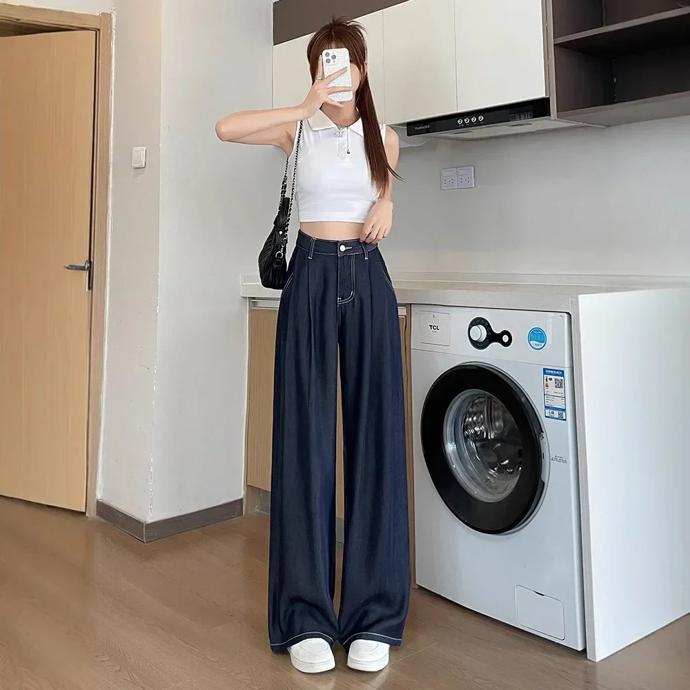 Jeans Wide Leg Pants Women  Streetwear High Waist Washed Distressed Pockets Female Vintage Denim Trousers Floor Length