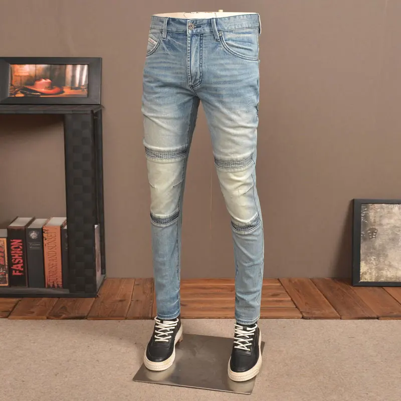 High Street Fashion Designer Men's Jeans Vintage Blue Elastic Tight Cycling Jeans Homme Panel Designer Zipper Pocket Hip Hop Jea