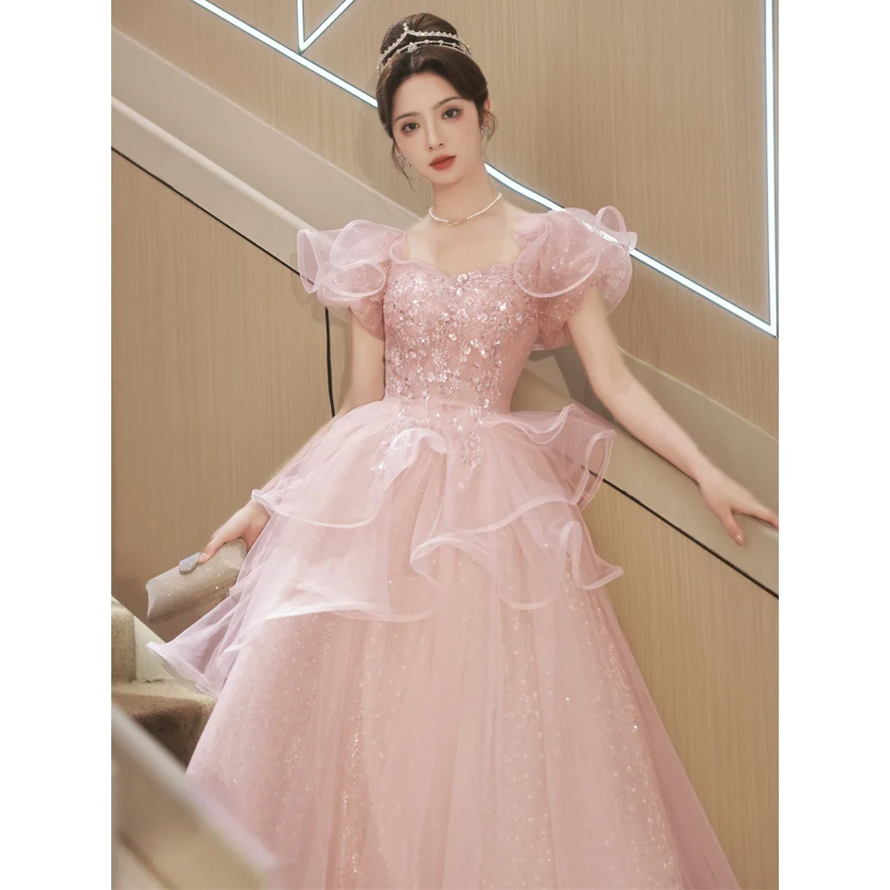

Exquisite Pink Evening Dress New Puff Sleeve Ruffles Long Prom Gowns Women Sequin Lace-Up Banquet Party Ball Gowns