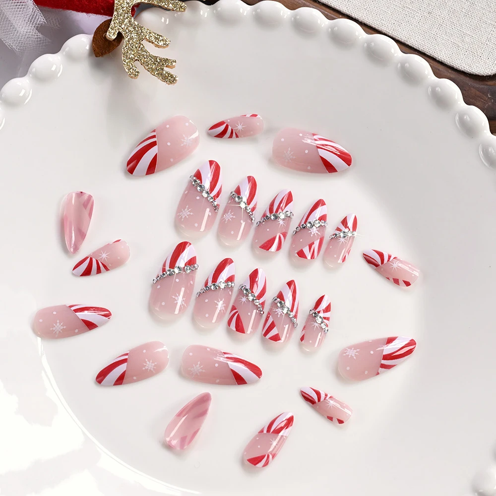 24pcs Christmas Red White Candy Stripes Fake Nails with Rhinestones Almond French Snowflakes False Nails Festive Nail Art Gift *