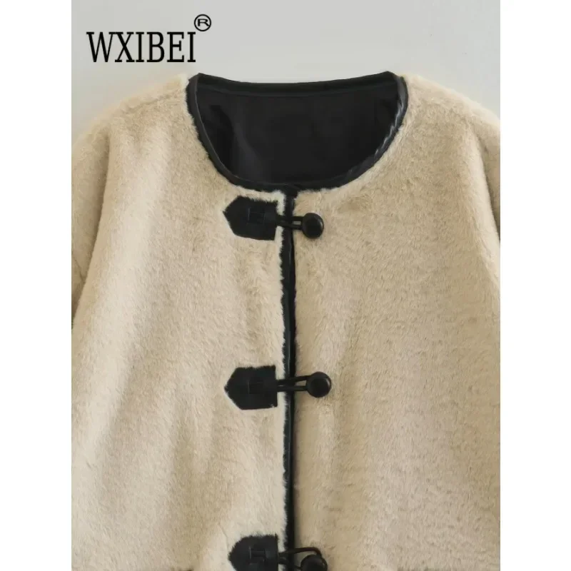 Patchwork Lamb Wool Coat for Women, Chic Bull Horn Buckle, Long Sleeve Loose Jacket, Warm Outerwear, Autumn Fashion, 2024