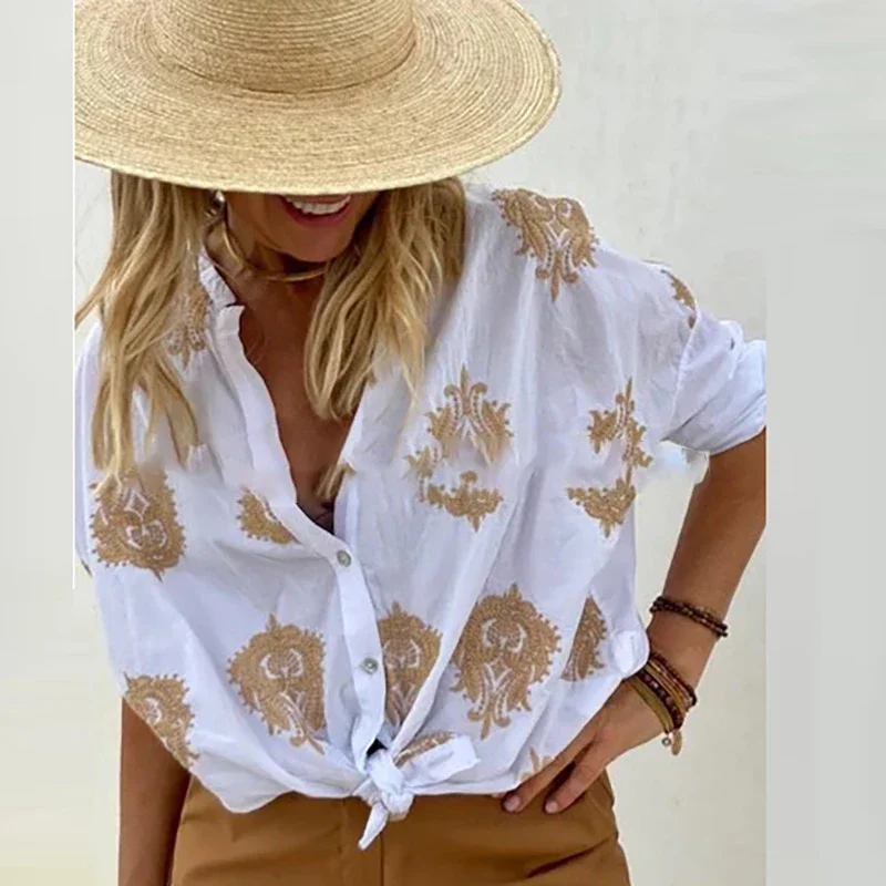 

Spring Autumn Tops Pattern Printed Loose Women Shirts Casual Single Breasted Bohemian Tops Elegant Long Sleeve Women's Blouses