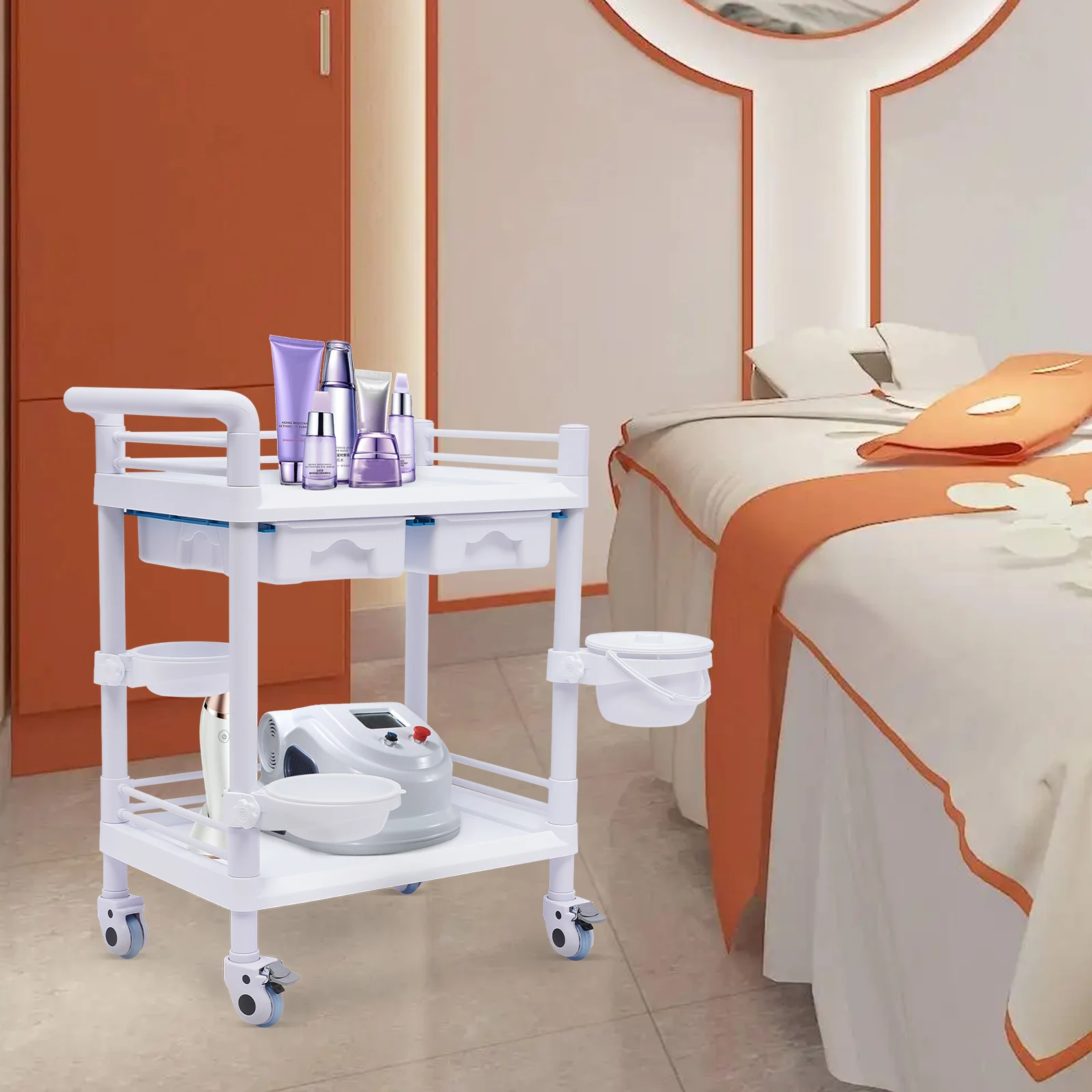 

Medical Trolley 2 Tier Spacious Beauty Salon Rolling Trolley with Buckets Drawers 360°Rotate Wheels