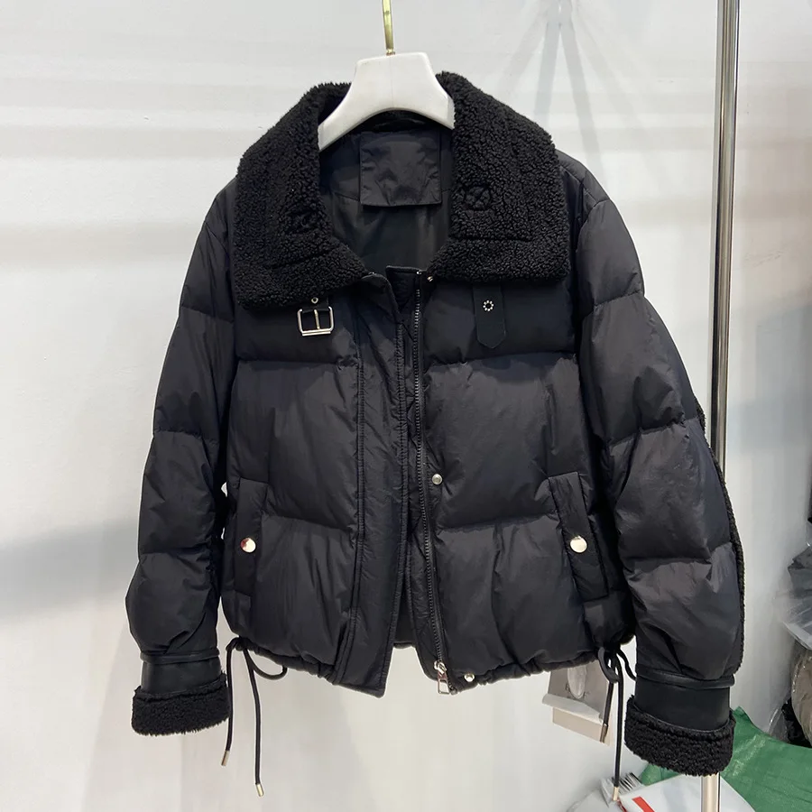 Inverno nova jaqueta feminina para viagem lã de cordeiro emendada jaqueta de pato branco