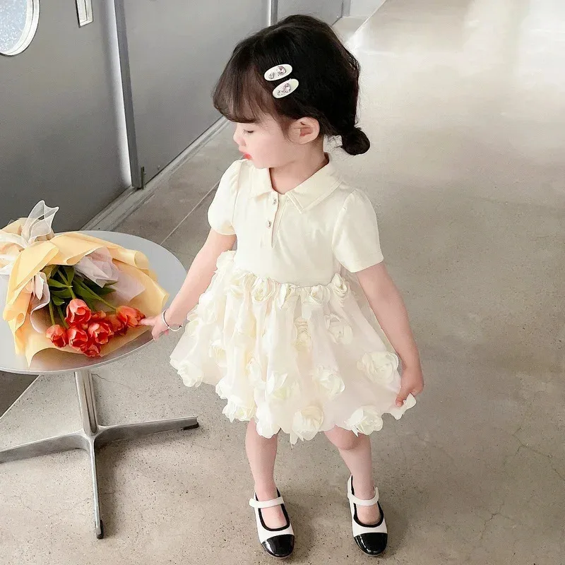 Verão bebê meninas vestido tridimensional floral vestido de princesa crianças roupas diárias praia férias crianças roupas 2-8 anos