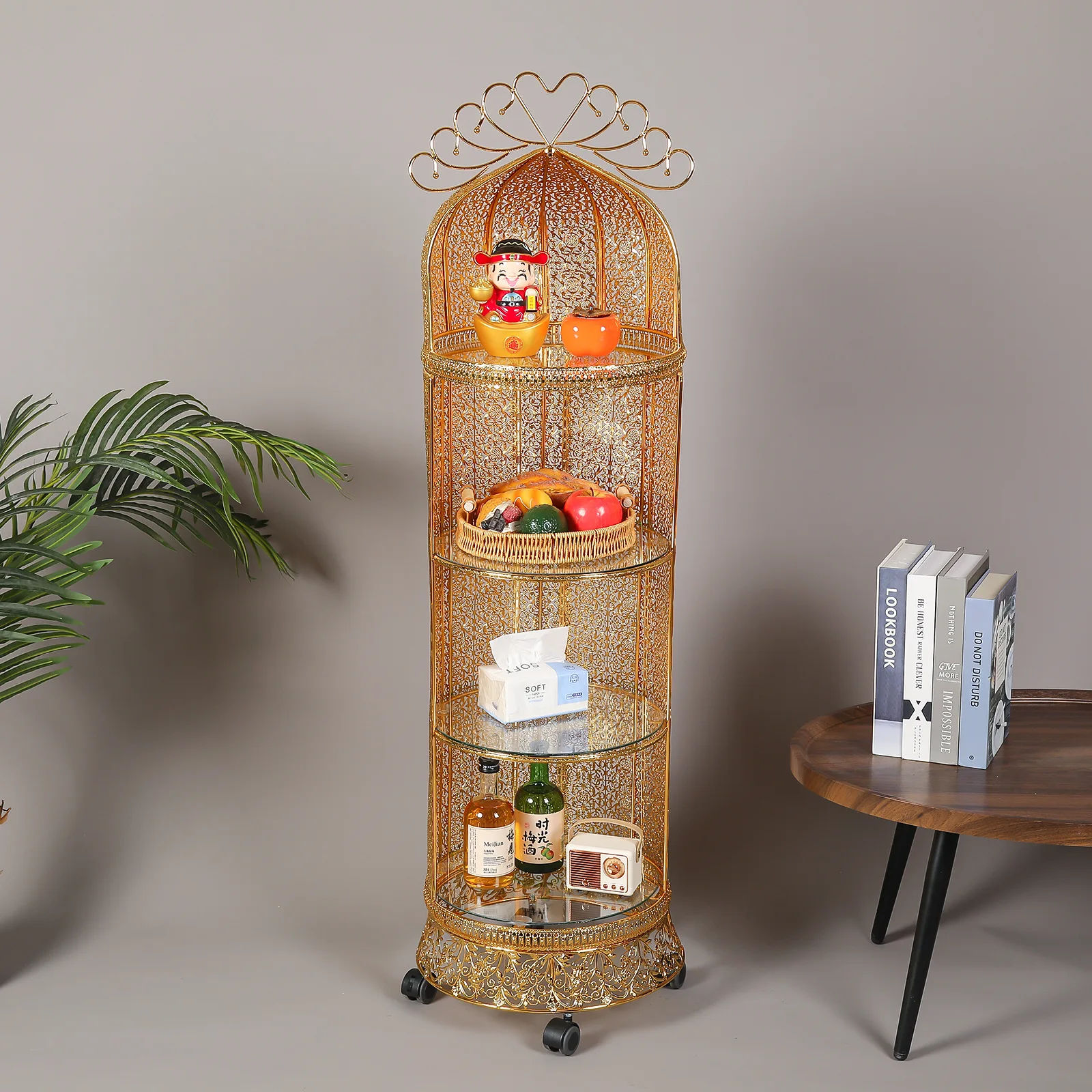 Nordic Style Iron Glass Birdcage Storage Rack Multi Layer Movable Floor Stand Display Shelf for Living Room Balcony Home Decor