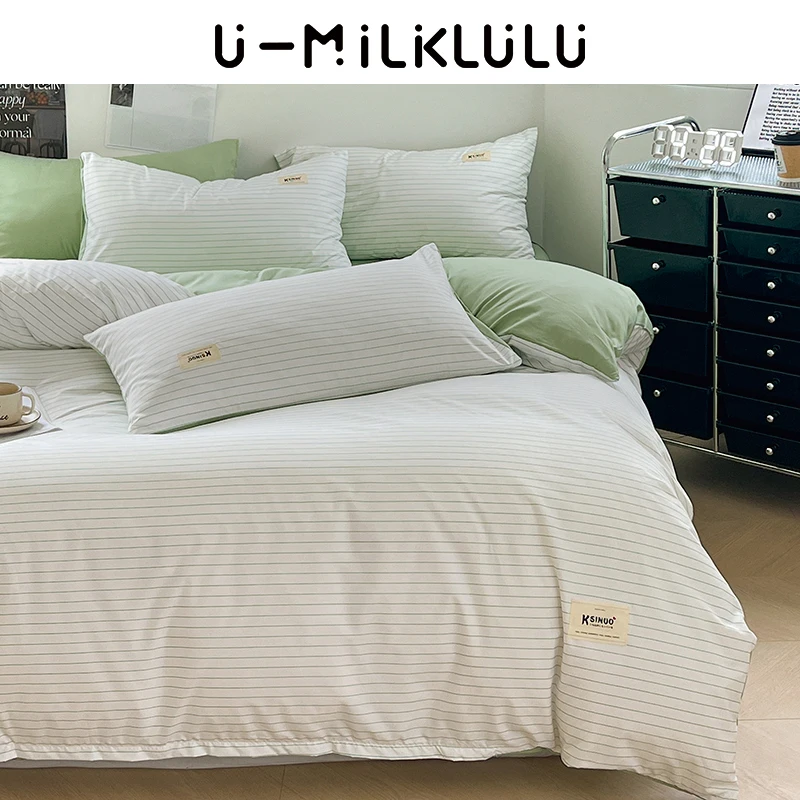 

Green White Stripe Bedding Set Luxury Simple Iand Freshness Line Queen Comforter Cotton King Size Sheet Comfortable Duvet Cover