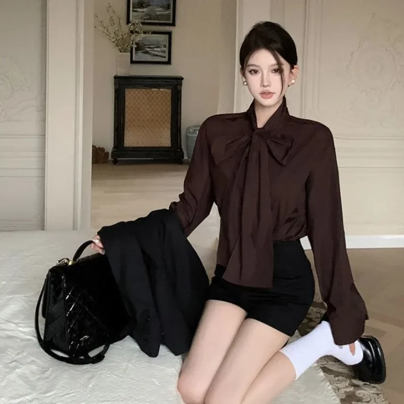 Elegante Vintage Koreanischen Stil Bluse Bogen Verband Chic Luxus Jugendliche Hemd Büro Dame Einfarbig Herbst frauen Kleidung