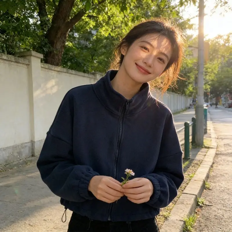 Thickened Warm Fleece Sweatshirt Jacket Women Simple Korean Version Stand Collar Zipper Spring Autumn Winter Double-sided Fle...