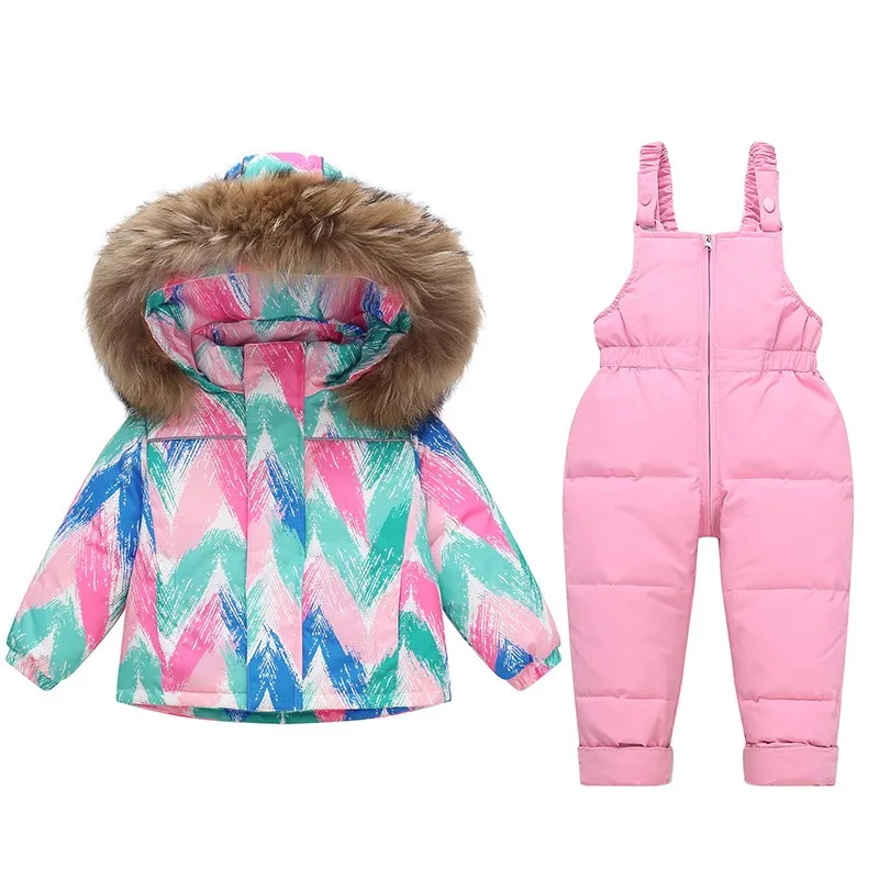 OLEKID 2025 Children Winter 2pcs Clothes Set Real Fur Hooded Baby Down Jacket Toddler Jumpsuit 1-5 Years Kids Outerwear Suit