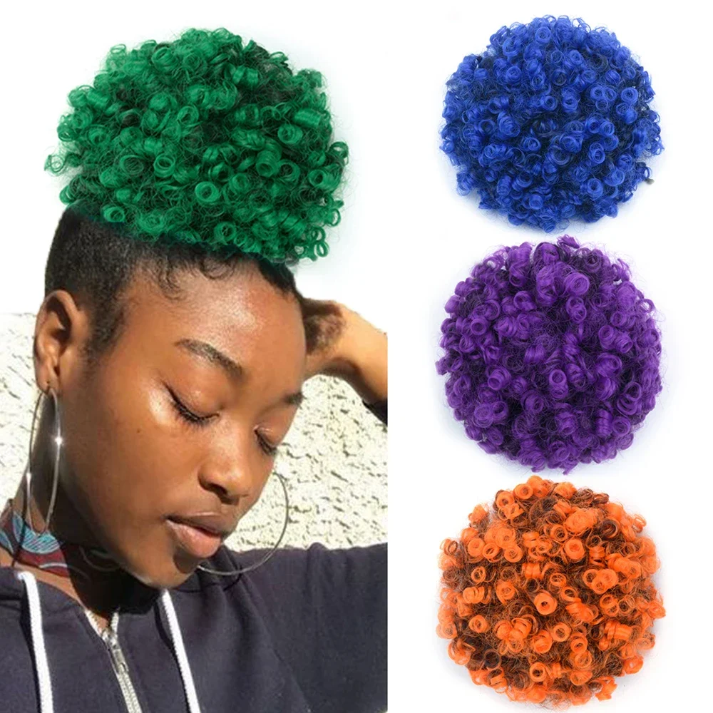 Hijau Biru Afro Puff Ponytail ekstensi sintetis serut Puff Kinky Wig Afrika pendek Afro Kinky keriting bungkus rambut untuk wanita