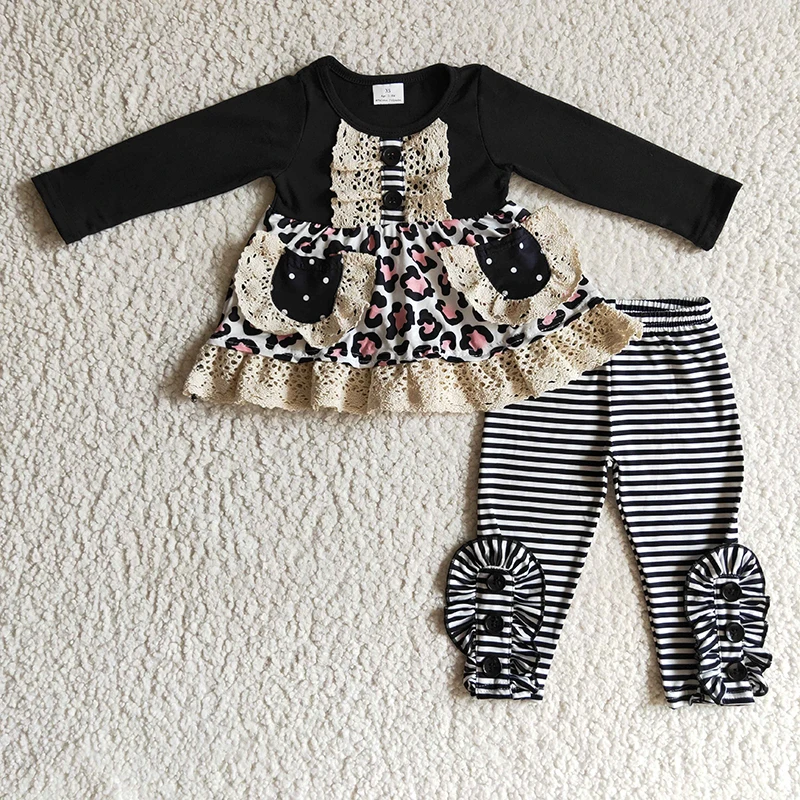 

Wholesale Kid Lace Pocket Shirt Striped Ruffle Pants Baby Girl Leopard Black Cotton Children Set Toddler Winter Fashion Outfit