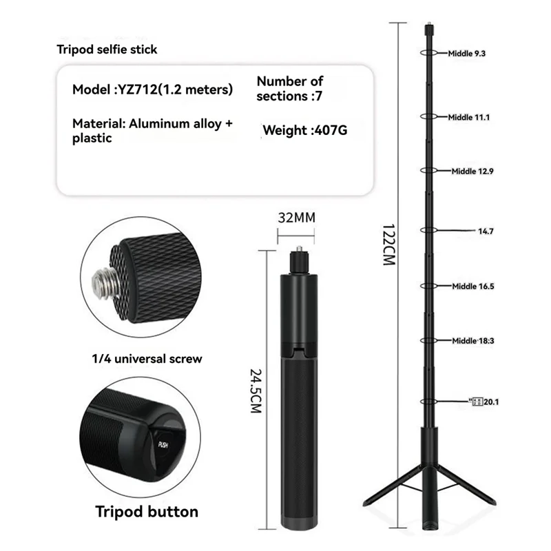 

FULL-1,2 м выдвижная невидимая палка для селфи со штативом для Insta360 X4/X3, выдвижной монопод со штативом для Insta360 X4/X