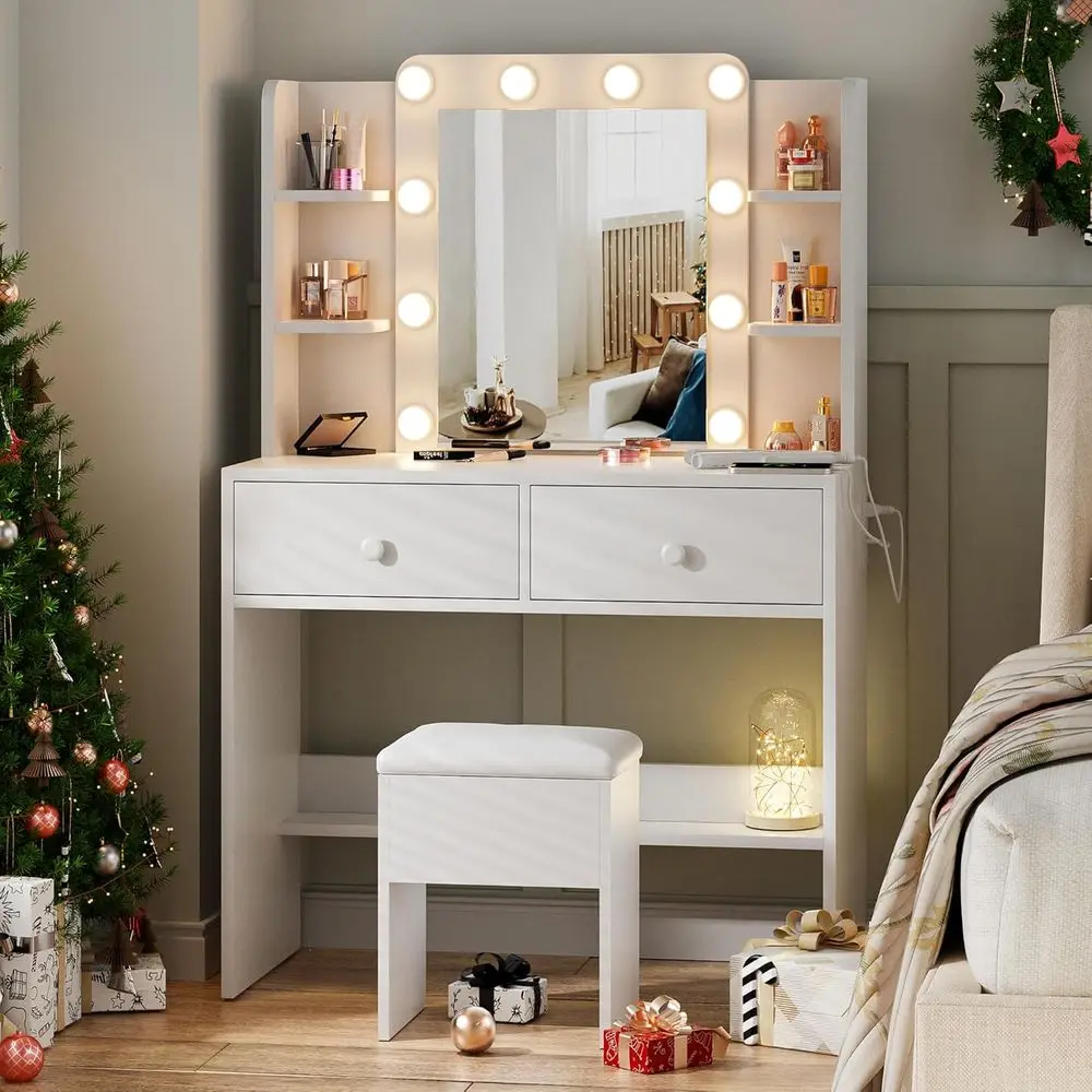 White LED Makeup Vanity Desk with 3-Color Light, 2 Drawers, 6 Shelves, and Chair
