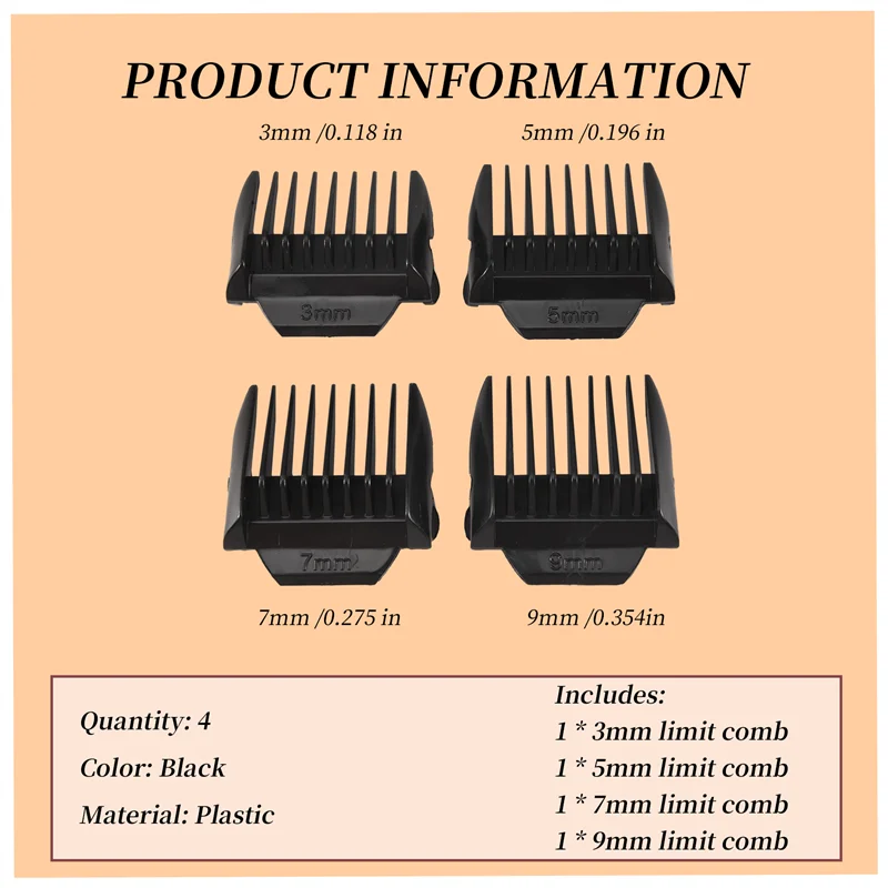 【Popular】4Pcs Limit Comb Replacement Combs Trimmer Head Limit Comb For  Hair Clipper 3Mm 5Mm 7Mm 9Mm,Black