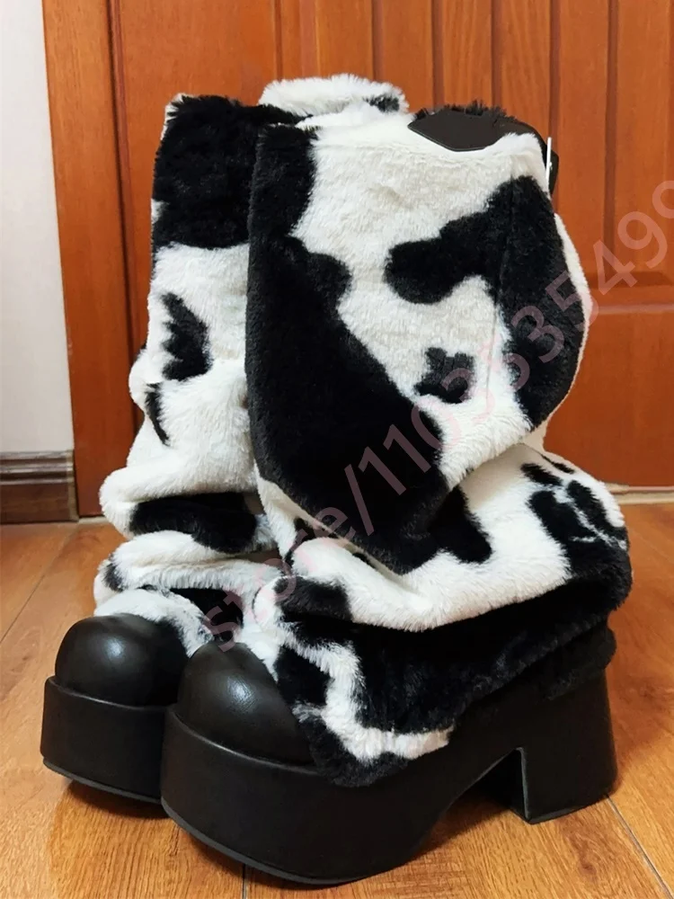 

Women's Platform Round Cow Print Furry Boots Chunky Heel Warm Winter Street Style Casual Long Boot for Party and Stage