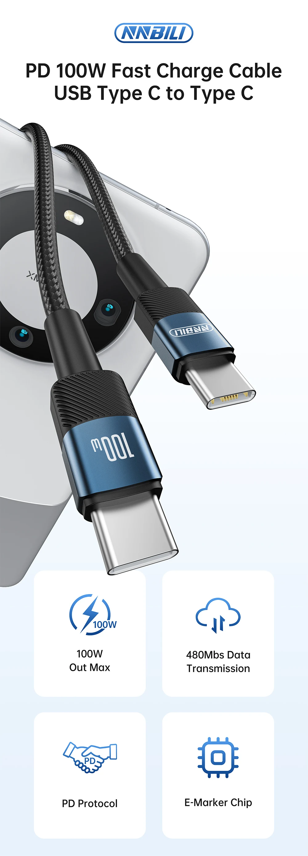 NNBILI 5 Stück 100W Typ-C-zu-USB-C-Kabel für iPhone 17, schnelles Ladekabel für Macbook, iPad, Samsung, Xiaomi, schnelles Typ-C-Kabel – Detail 1
