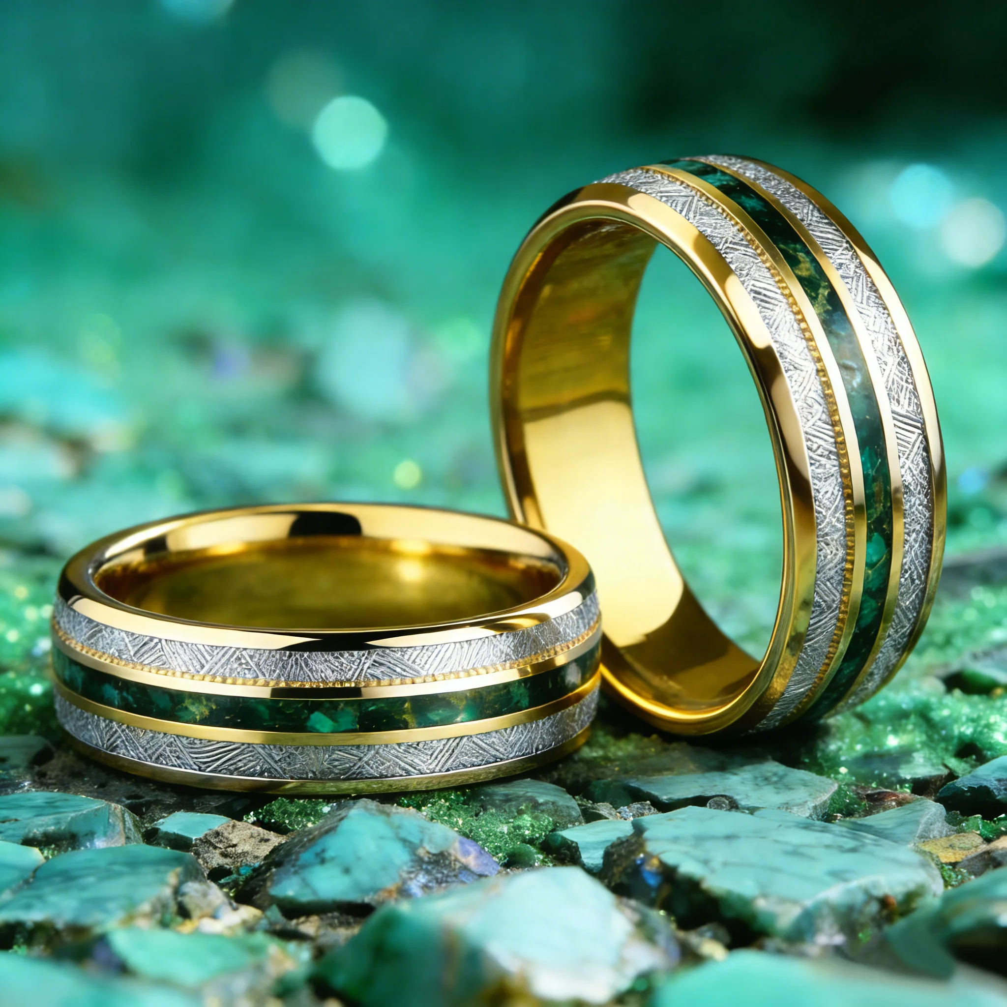 Fashion 8mm Gold Color Stainless Steel Rings for Men Meteorite Green Gravel Inlay Dome Men Finger Ring Wedding Band Jewelry