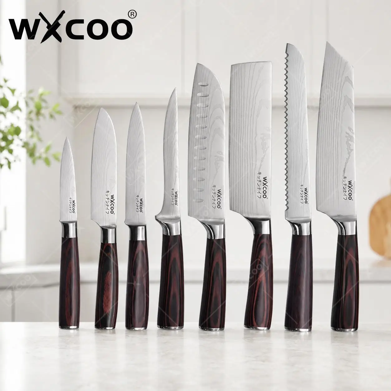WXCOO High Carbon Steel Knife Set Santoku Butcher Carving Knife Japanese Kitchen Knives Fruit Bread Meat Cleaver Boning Knife