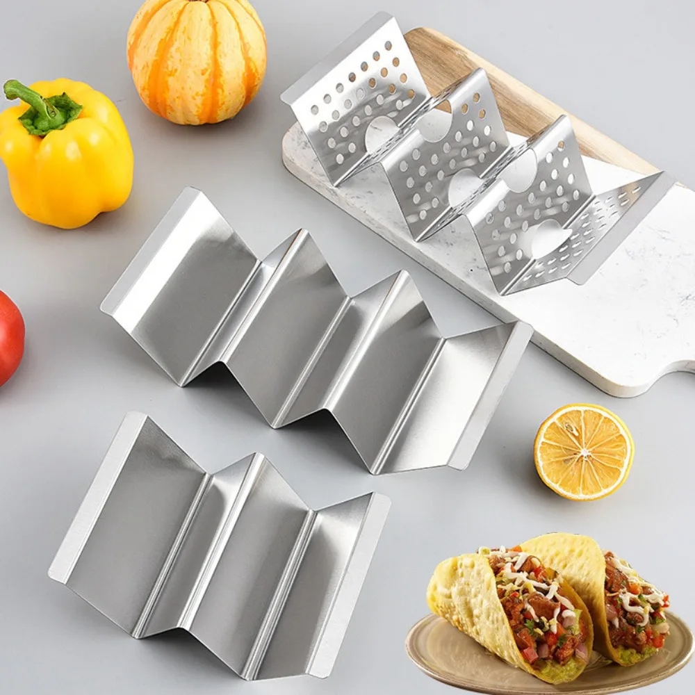 Stainless Steel Taco Holder Available on Both Sides 2/3 Grids Pancake Rack Hollowed Out Handle Design Taco Shell Stand Kitchen