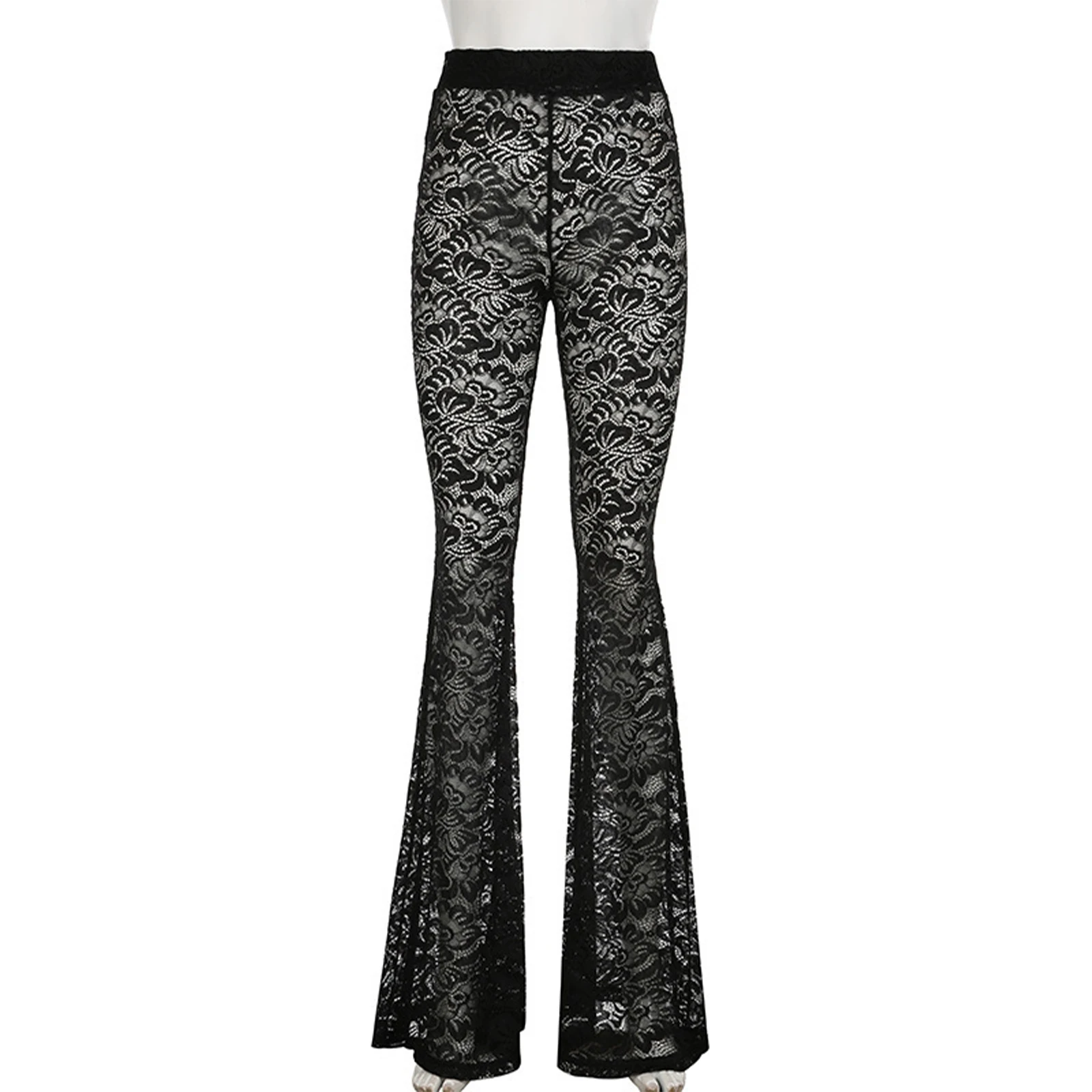 Pantalon évasé transparent en dentelle florale pour femmes, taille haute, bas de cloche, couverture, pantalon Long pour fête d'anniversaire en Club