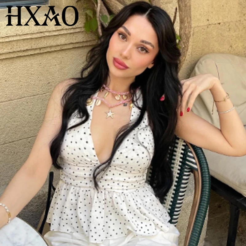 HXAO Y2K Top Damen 2025, Damen-Korsett, Neckholder, gepunktetes Top, Boho-Tanktops und Camis, sexy, bauchfreies, gerüschtes, ärmelloses, rückenfreies Tanktop
