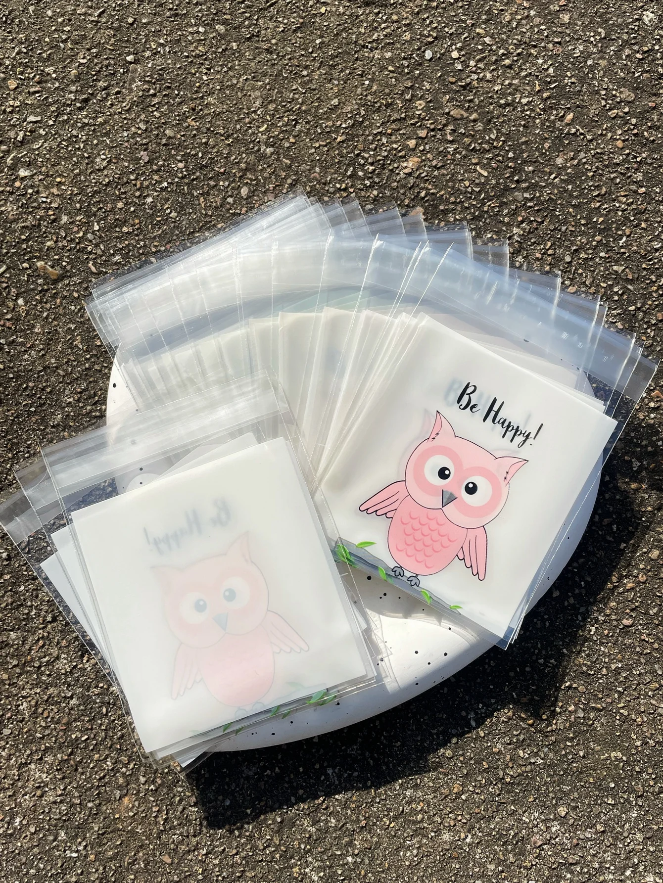 100pcs Cute Animals Printed OPP Self-sealing Bag, Pink Owl Pattern Be Happy Blessing Printed Small Gift Candy Package Bags