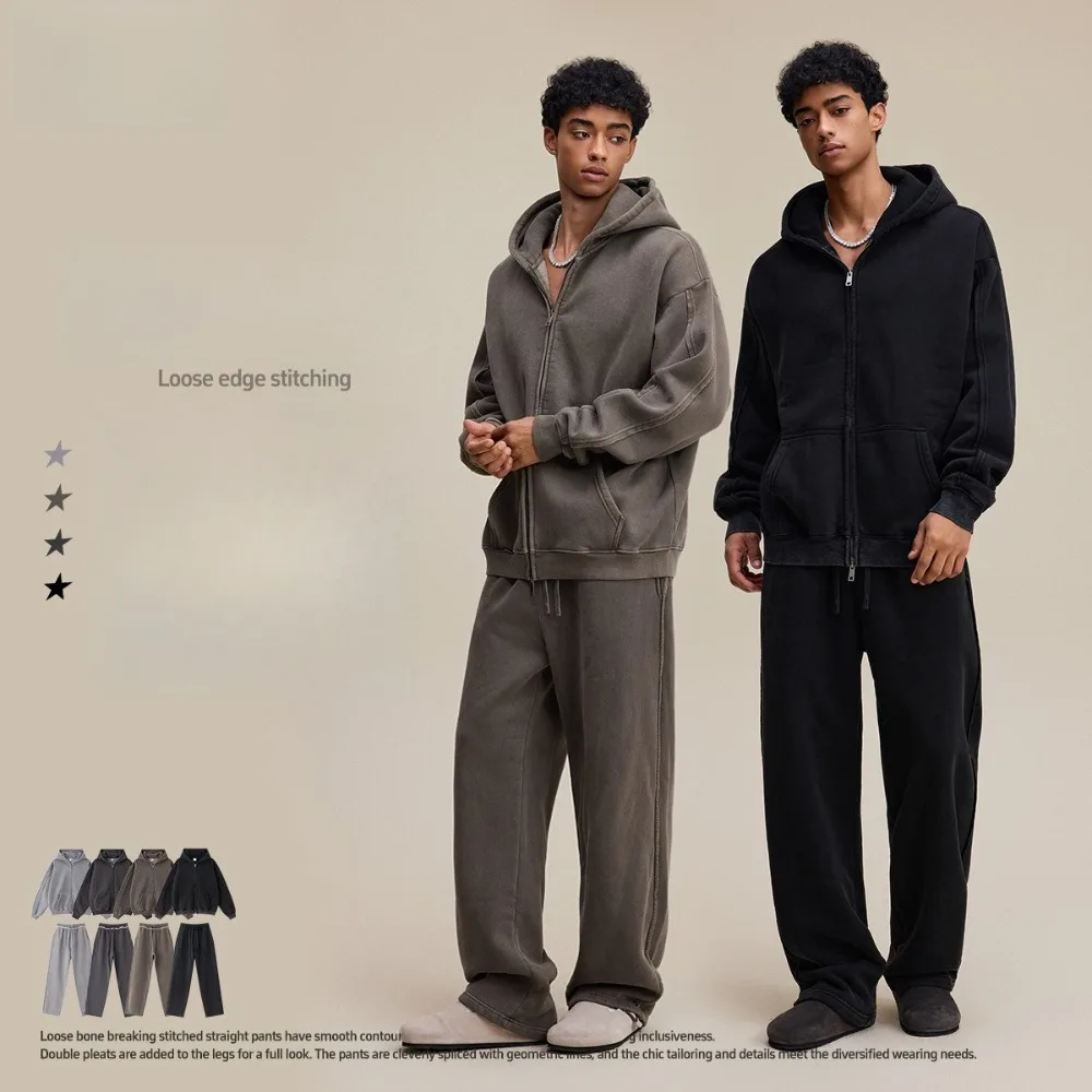Men's 2025 Autumn European and American Trend Retro Batik Splicing Plus Velvet Heavy Zipper Cardigan Sweatpants Suit Men