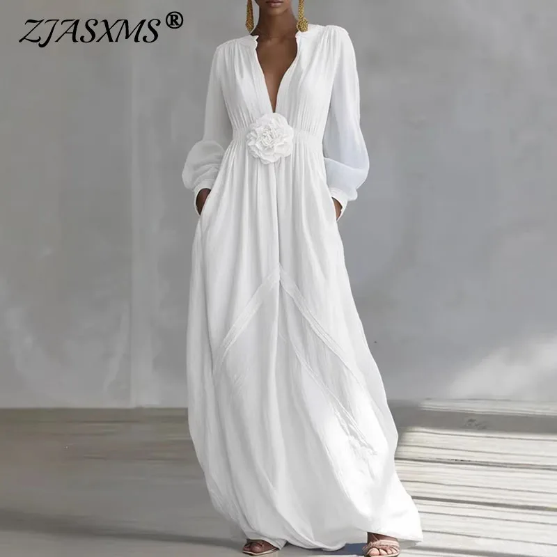 Boho 3D-Blumen Tailliertes Fließendes Urlaubskleid Elegantes V-Ausschnitt Partykleid mit Taschen Frühling Einfarbiges Langarm Maxikleid Vestidos