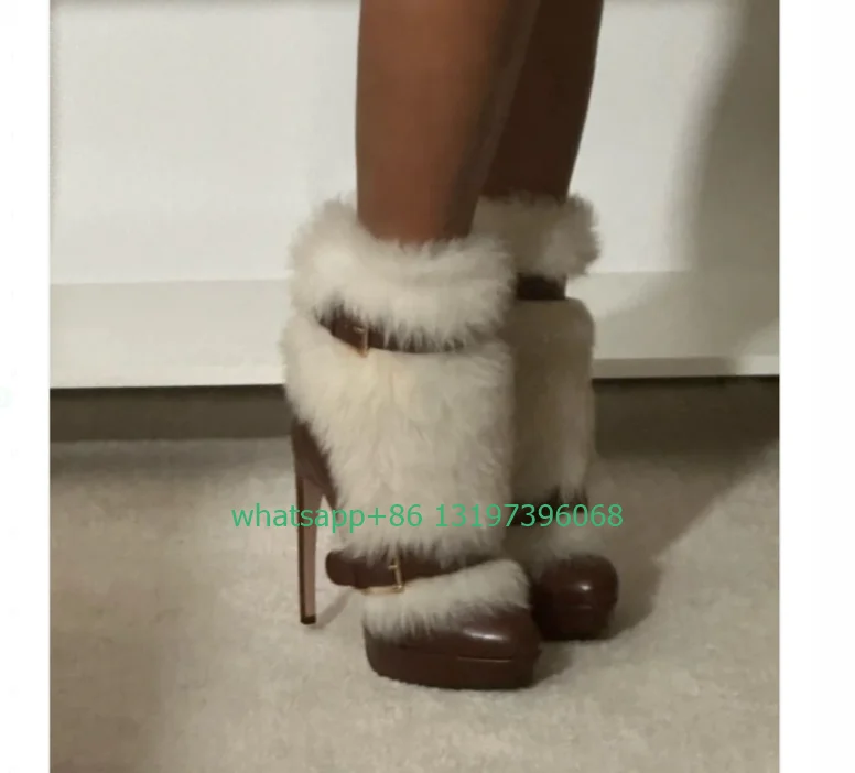 Lady white fur fax buckle strap ankle boots winner fall dress sexy party high heels vintage brown color PU boots feather shoes