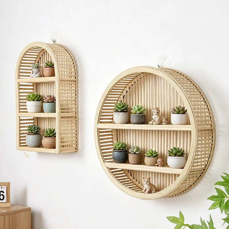Bamboo rattan shelves, living room wall display, homestay decoration background wall wall hanging frame
