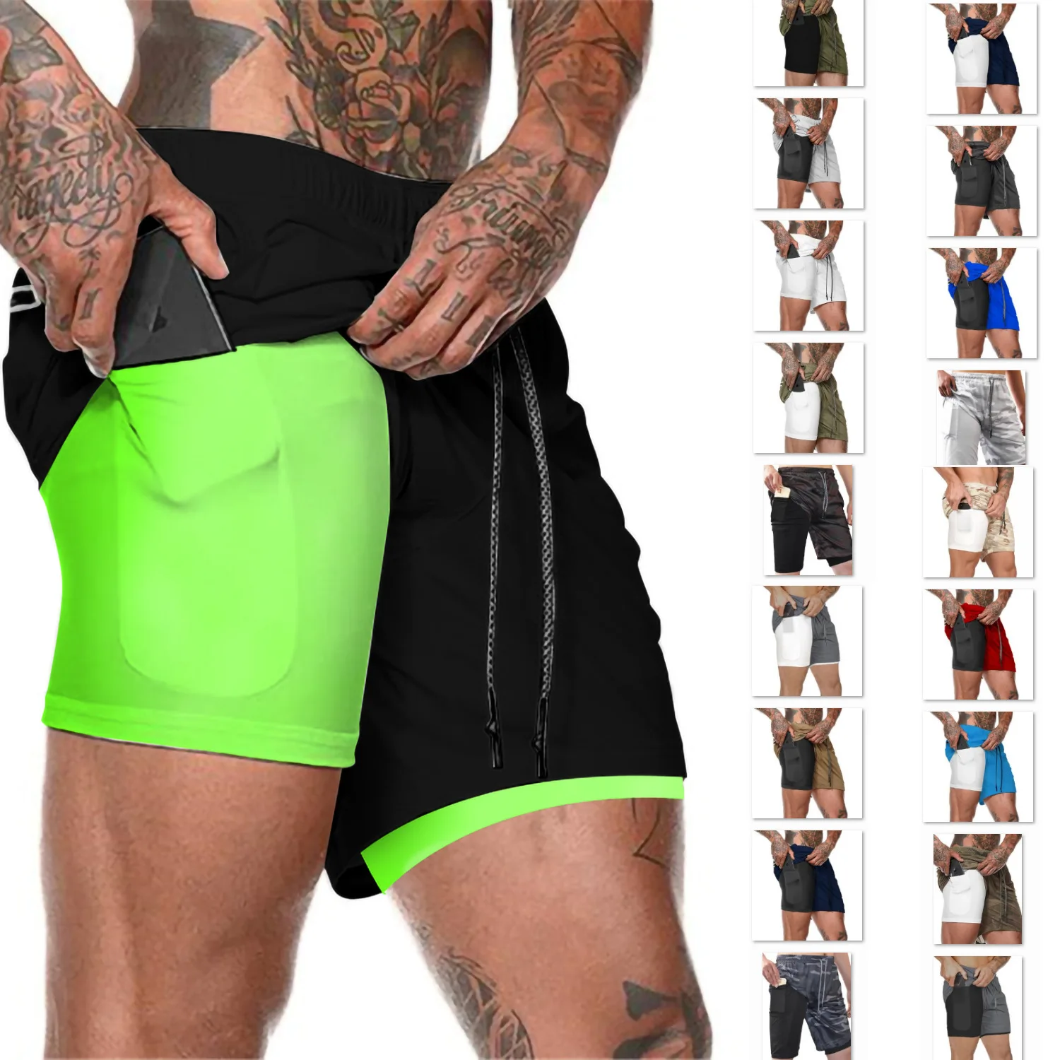  European Men's Sports Summer New Double Layer Mobile Phone Pants Gym Exercise Jogging Training Shorts