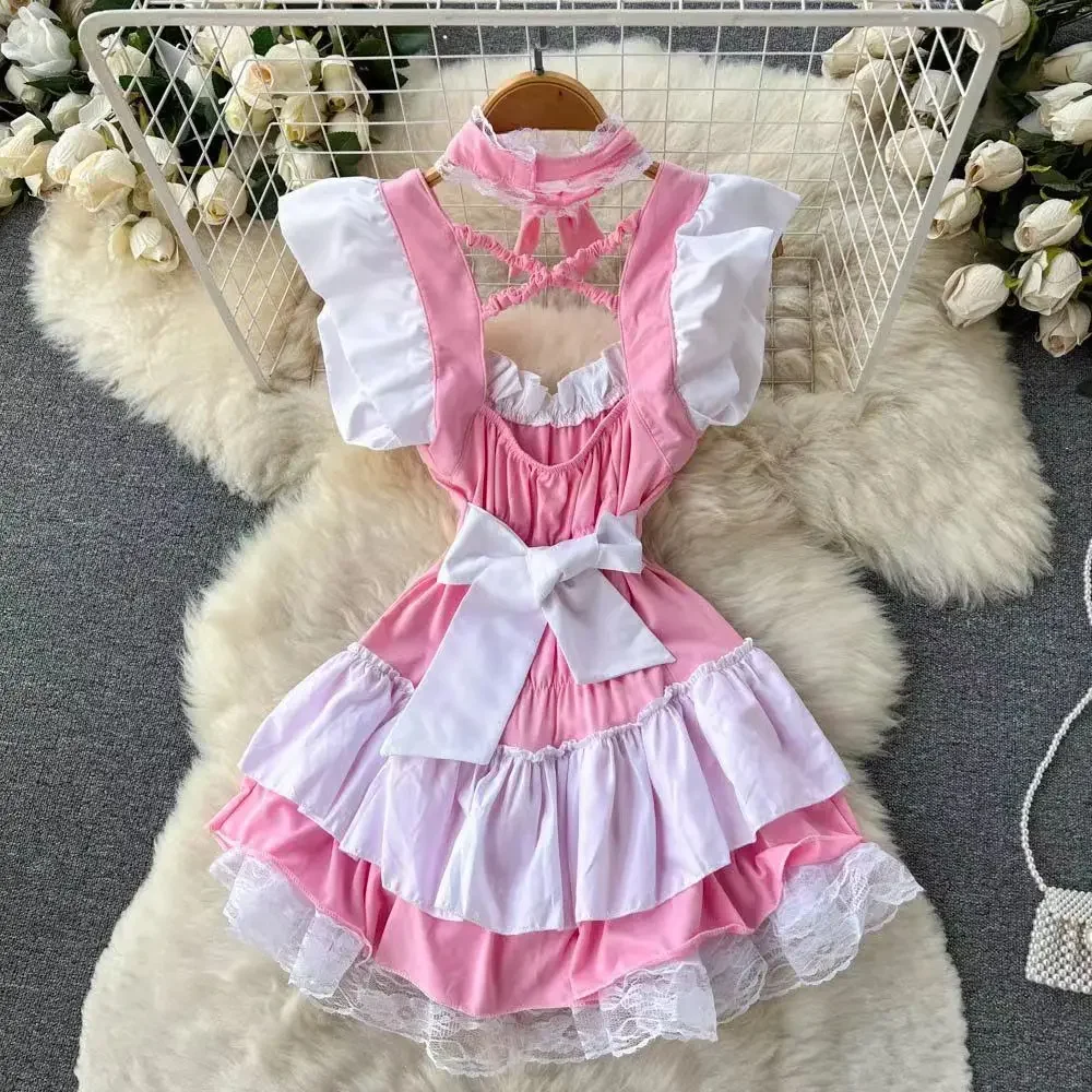 Pink Sweet Women LolitaMini Dress Y2k Servant Low Cut Lace Patchwork Mini Dress Birthday Cocktail Role Play Maid Short Dresses