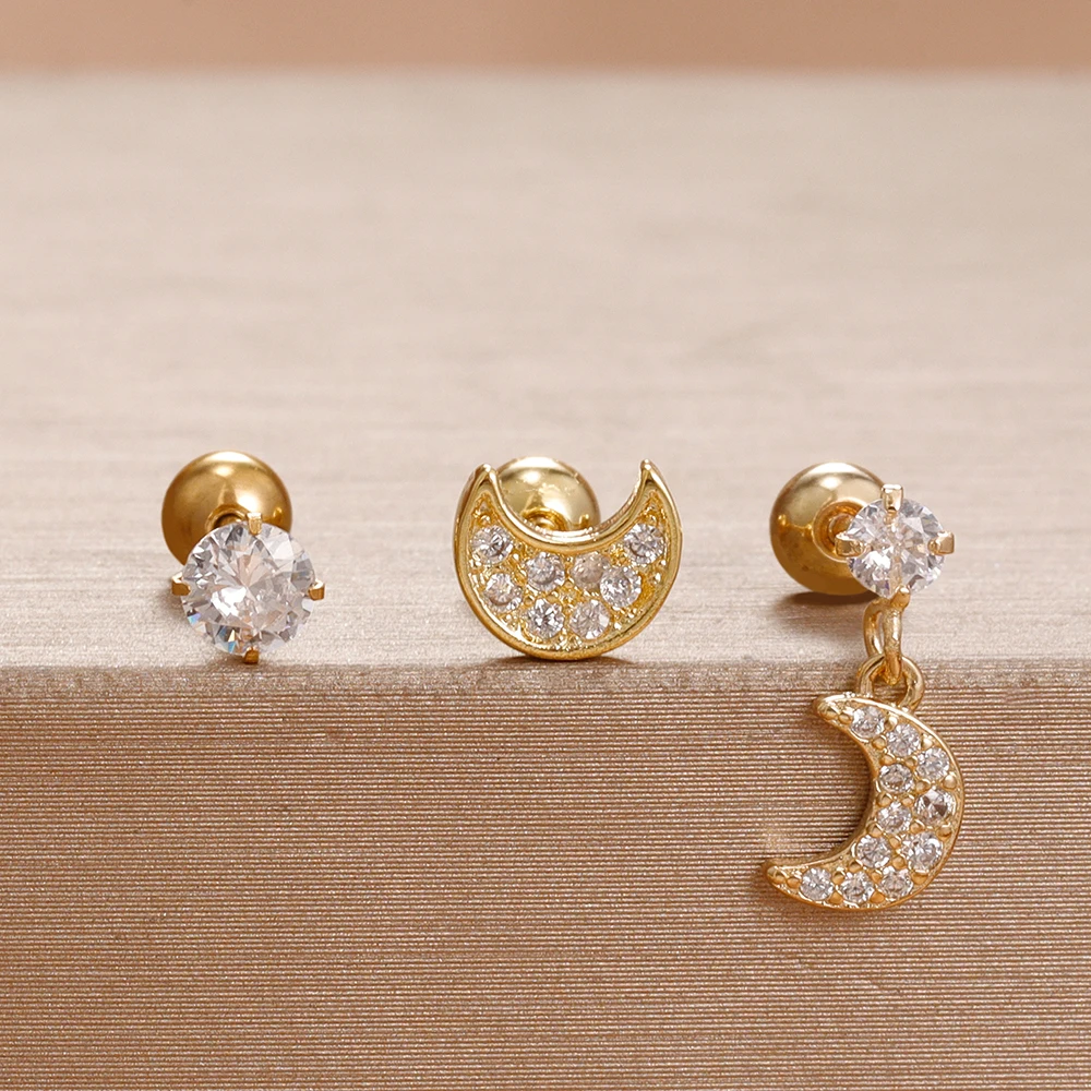 رائعة ريترو القمر الفولاذ المقاوم للصدأ الزركون الأذن وأقراط مجموعة للنساء موضة الكورية 14K مطلية بالذهب القرط مجوهرات