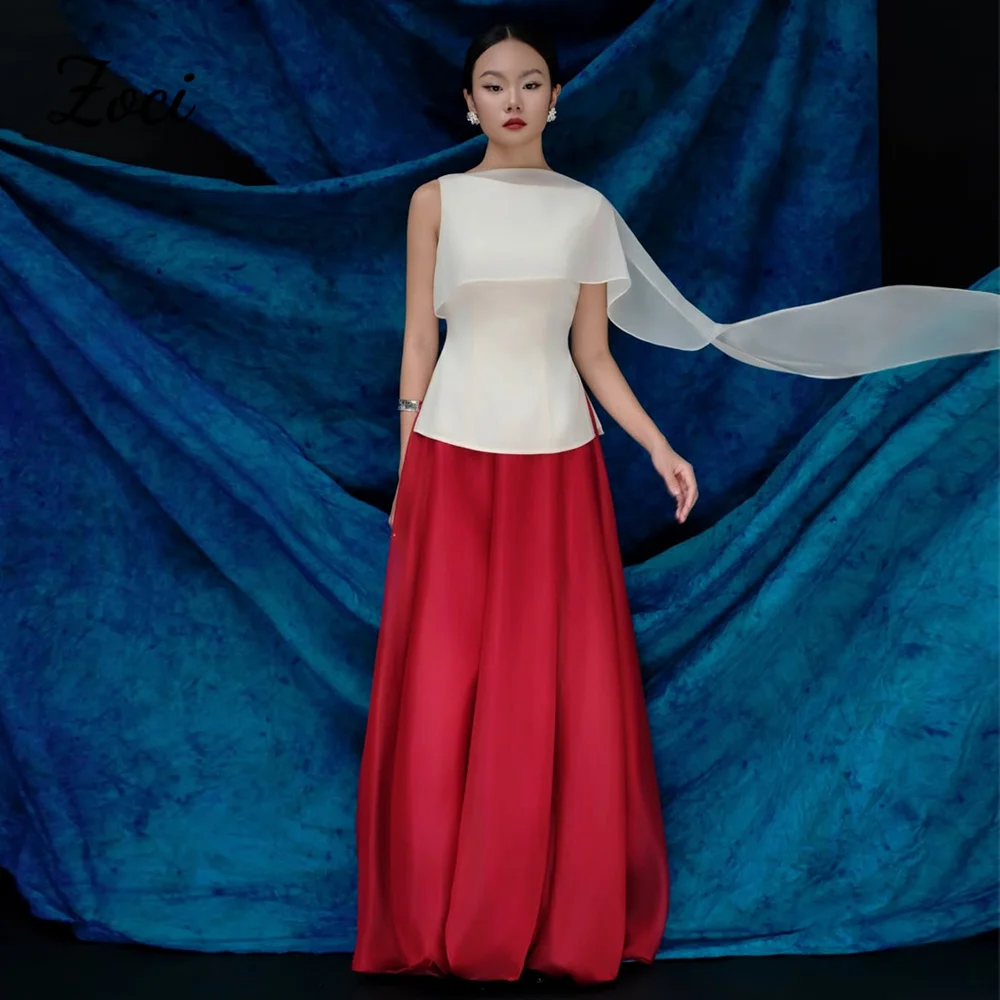 

Zoci Современные красные, белые атласные корейские вечерние платья с круглым вырезом, шаль, накидка, длинное трапециевидное платье для выпускного вечера, вечерние, по индивидуальному заказу