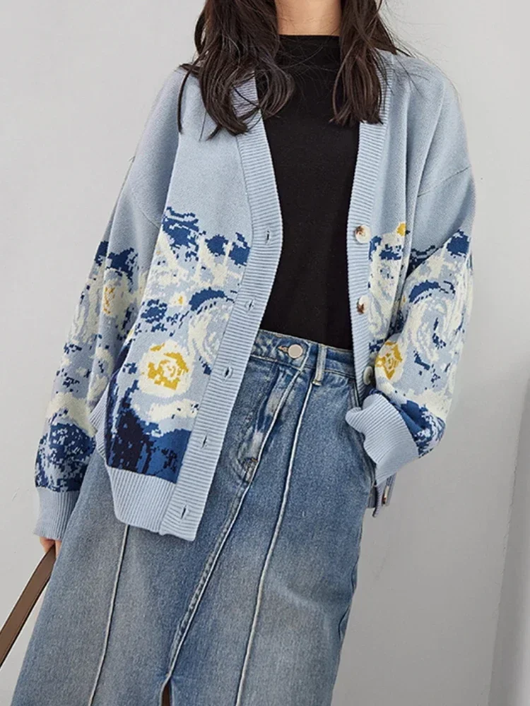 Fashion Printing Cardigan for Women Thickening V-neck Winter Women\'s Coats 2024 Sweaters Casual Loose Blue Warm Knitted Cardigan