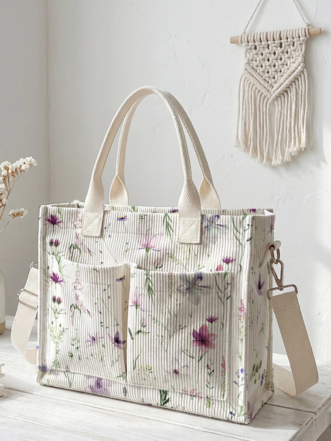Bolso de mano de pana con estampado de flores silvestres en acuarela, gran capacidad, múltiples bolsillos, bolso de hombro para amantes de la naturaleza
