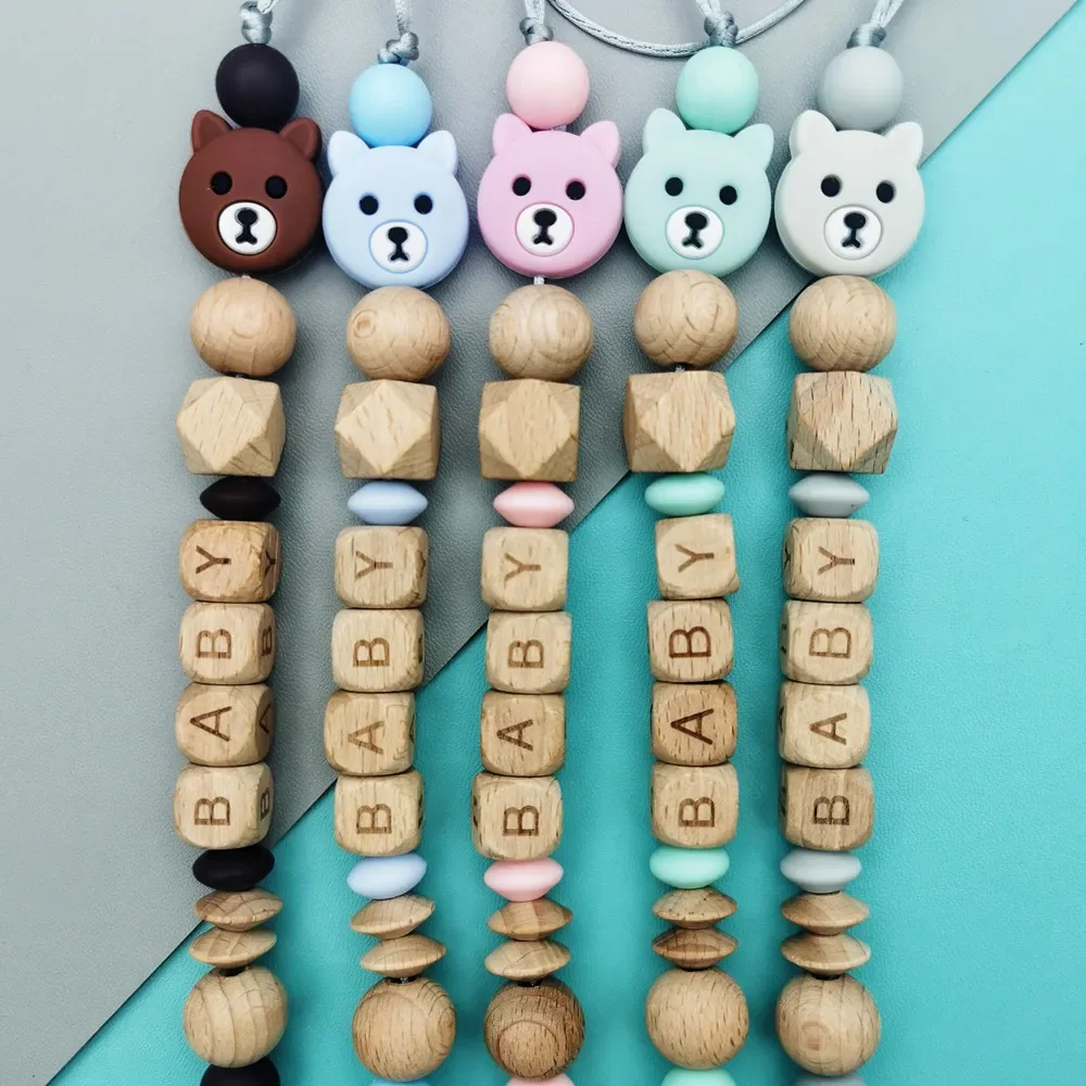 Anpassbare Buche Englisch Buchstabe Name Baby Bär Buche Clips Schnuller Ketten Beißring Anhänger Spielzeug Baby Schnuller Kawaii Beißring