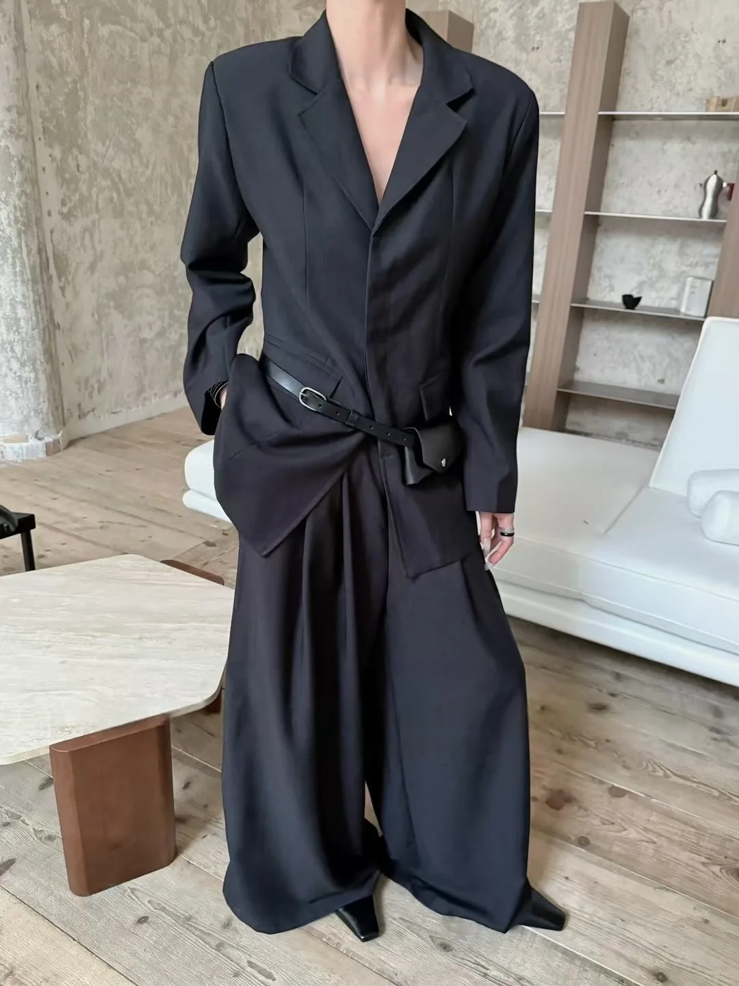 BJTZ Set giacca blazer vestibilità ampia solida per donna 2025 Blazer stile minimalista casual Top + pantaloni dritti a gamba larga Set due pezzi