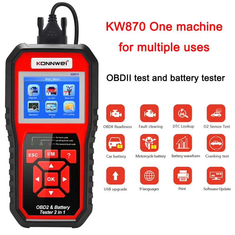 

KONNWEI KW870 6V 12V Car Motorcycle Battery Tester 2 in1 Car OBD2 Diagnostics Tool Scanner Function Cranking Charging Test Tool