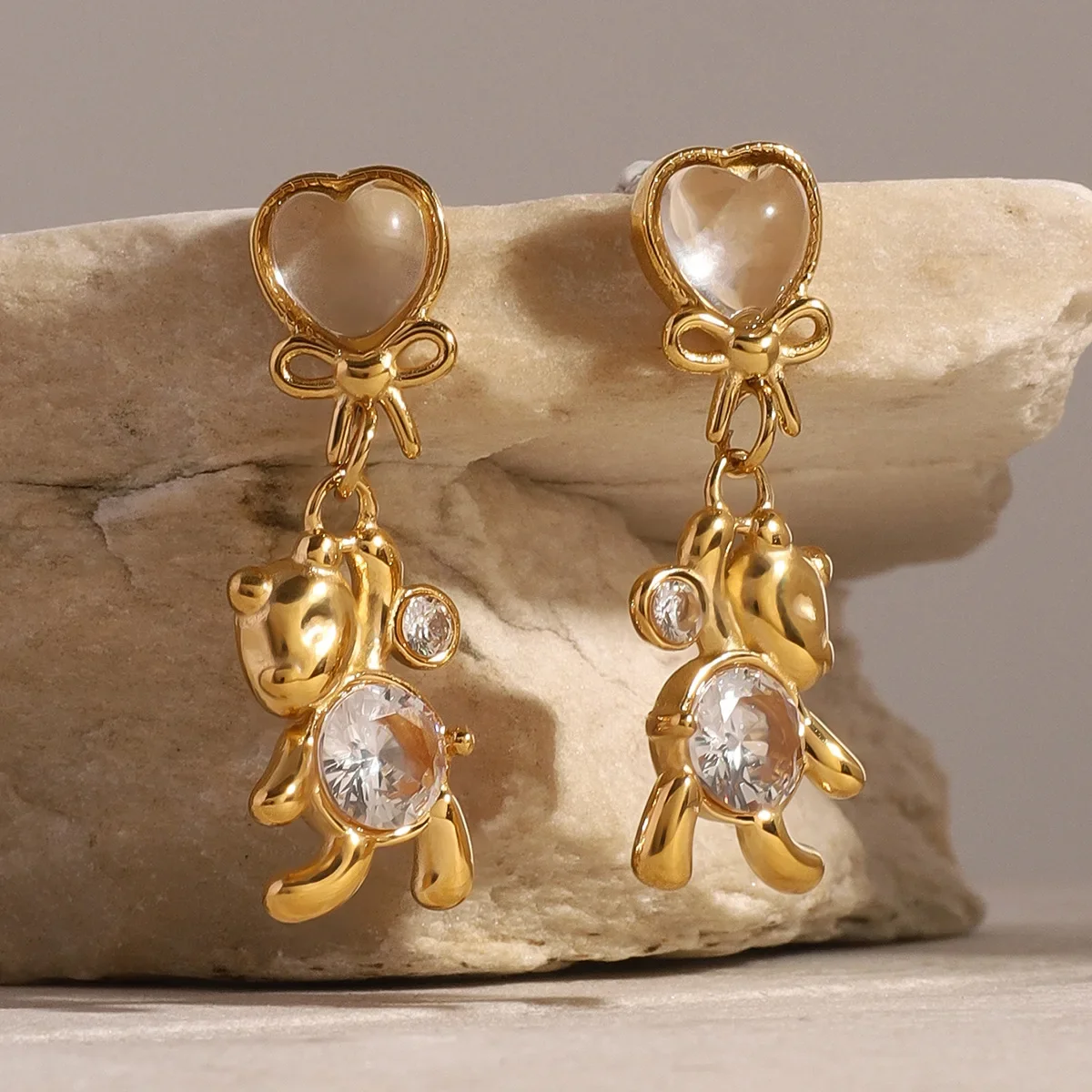 

White Round Zircon Bear Earrings, Fashionable Bow Earrings, Versatile and Cute Earrings