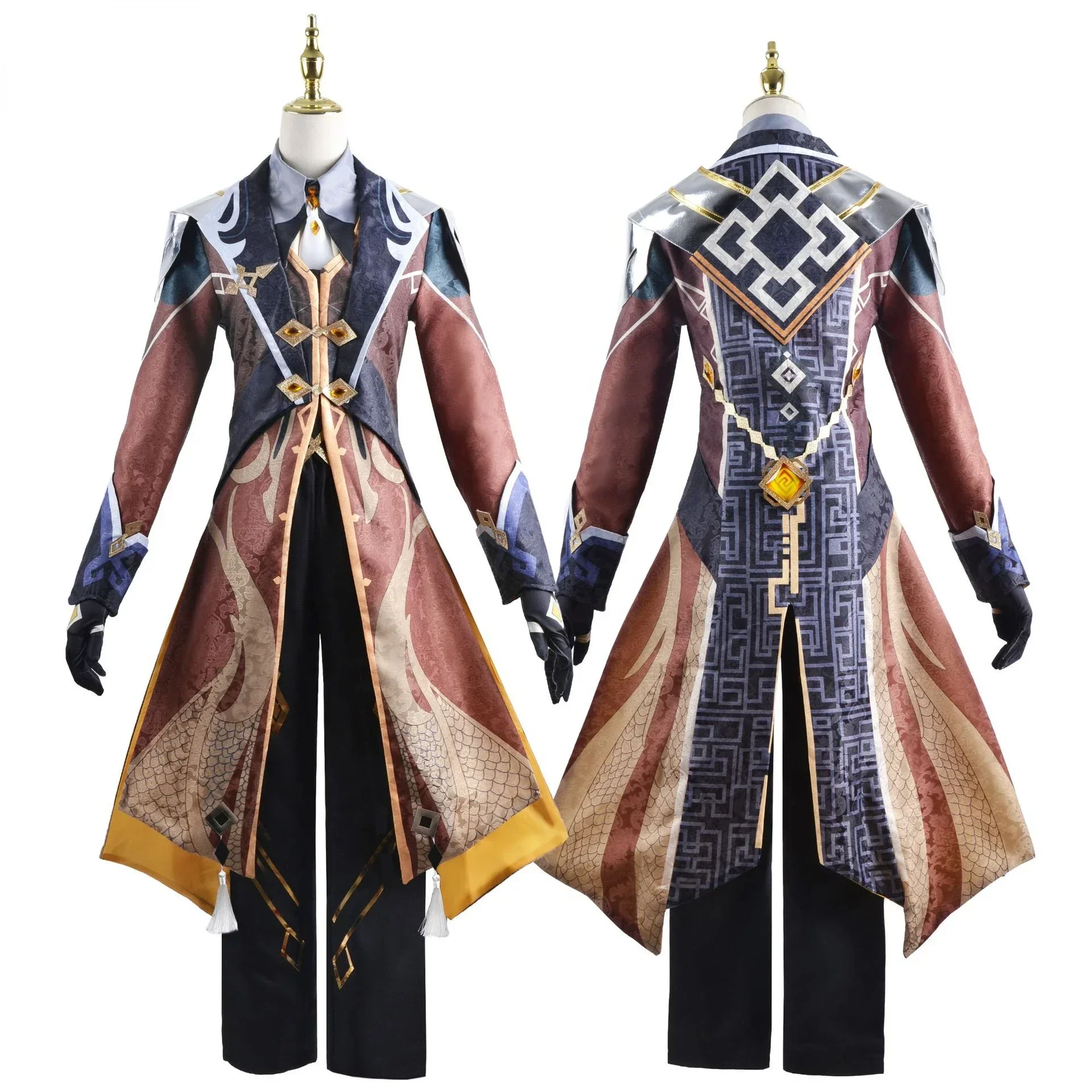 Game Genshin Impact Zhongli Cosplay Costume Wig Adult Men Combat Uniform Cloak Top Pants Accessory Set Halloween Anime Party