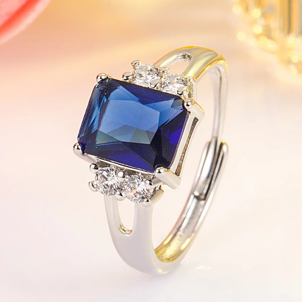 

Кольцо с синим сапфиром изумрудной огранки из стерлингового серебра 925 пробы, регулируемое, геометрическое, для женщин, ювелирное изделие с драгоценным камнем, подарок на день рождения